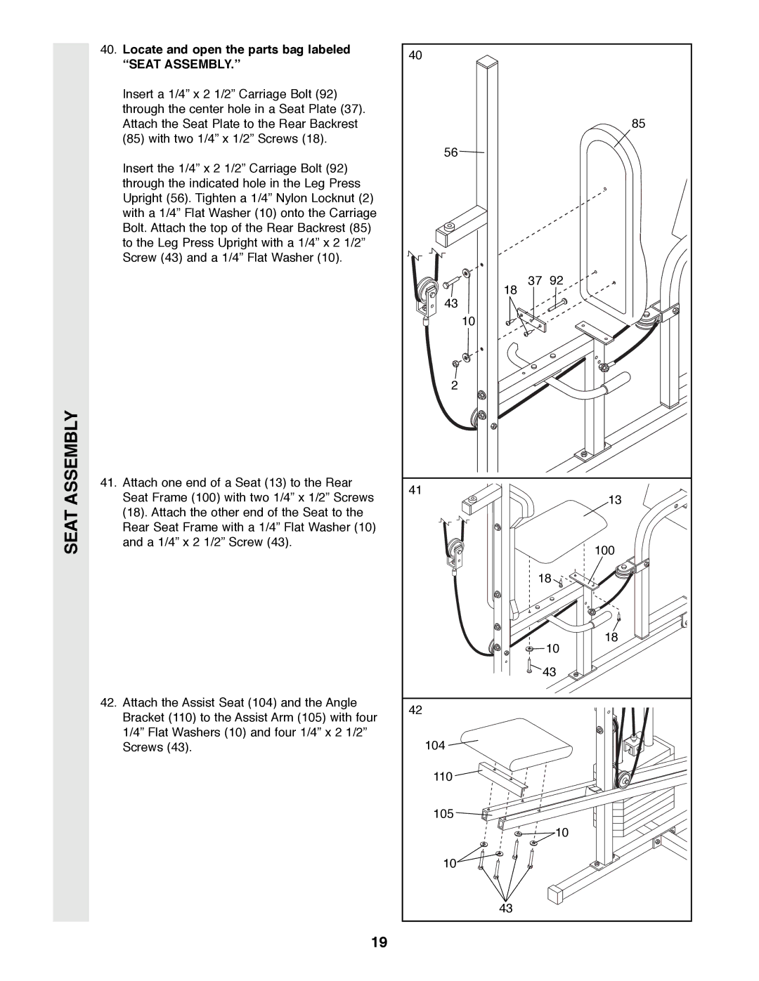 Weider WESY49200 user manual Seat Assembly, Òseat ASSEMBLY.Ó 