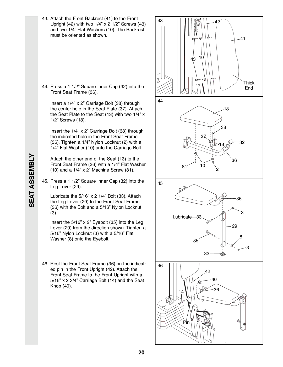 Weider WESY49200 user manual Seat Assembly 