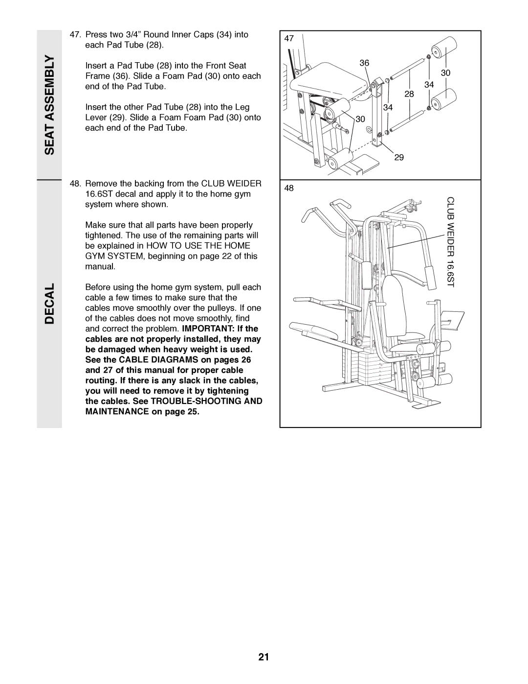 Weider WESY49200 user manual Seat Assembly Decal 