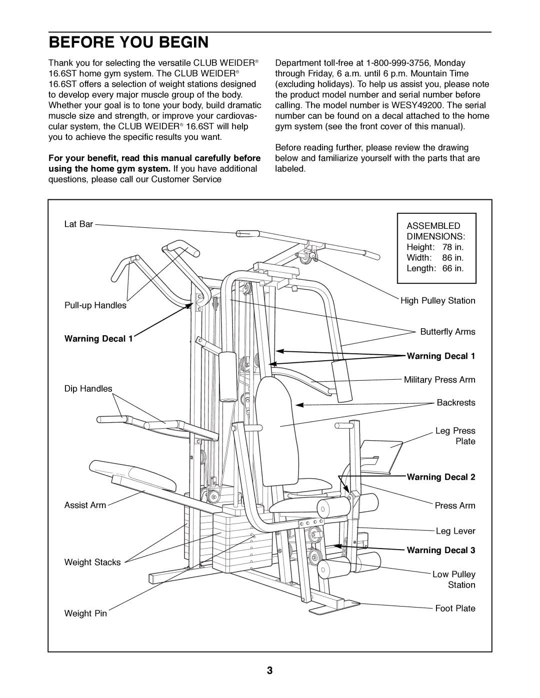 Weider WESY49200 user manual Before YOU Begin, Dimensions 