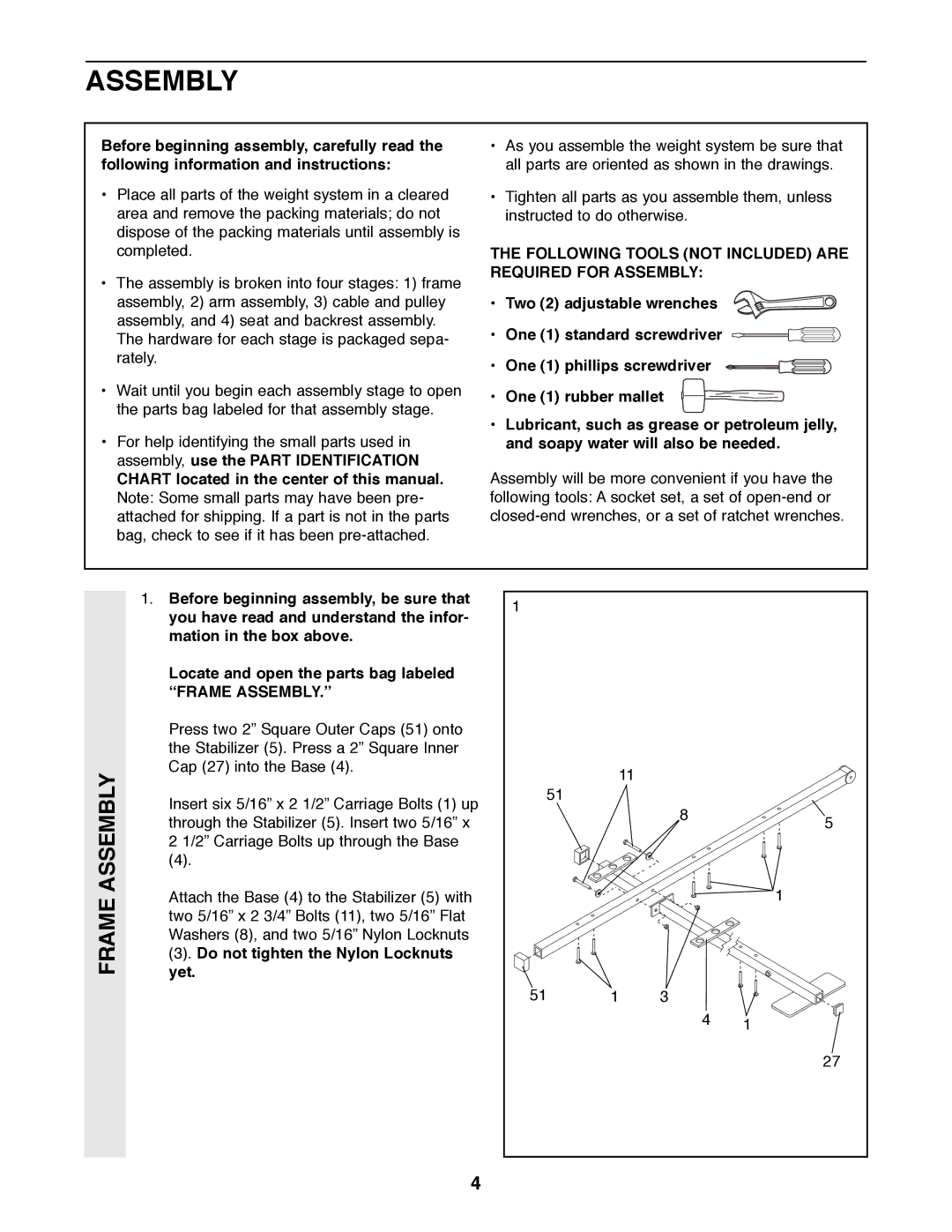 Weider WESY49200 user manual Frame Assembly, Following Tools not Included are Required for Assembly, Òframe ASSEMBLY.Ó 