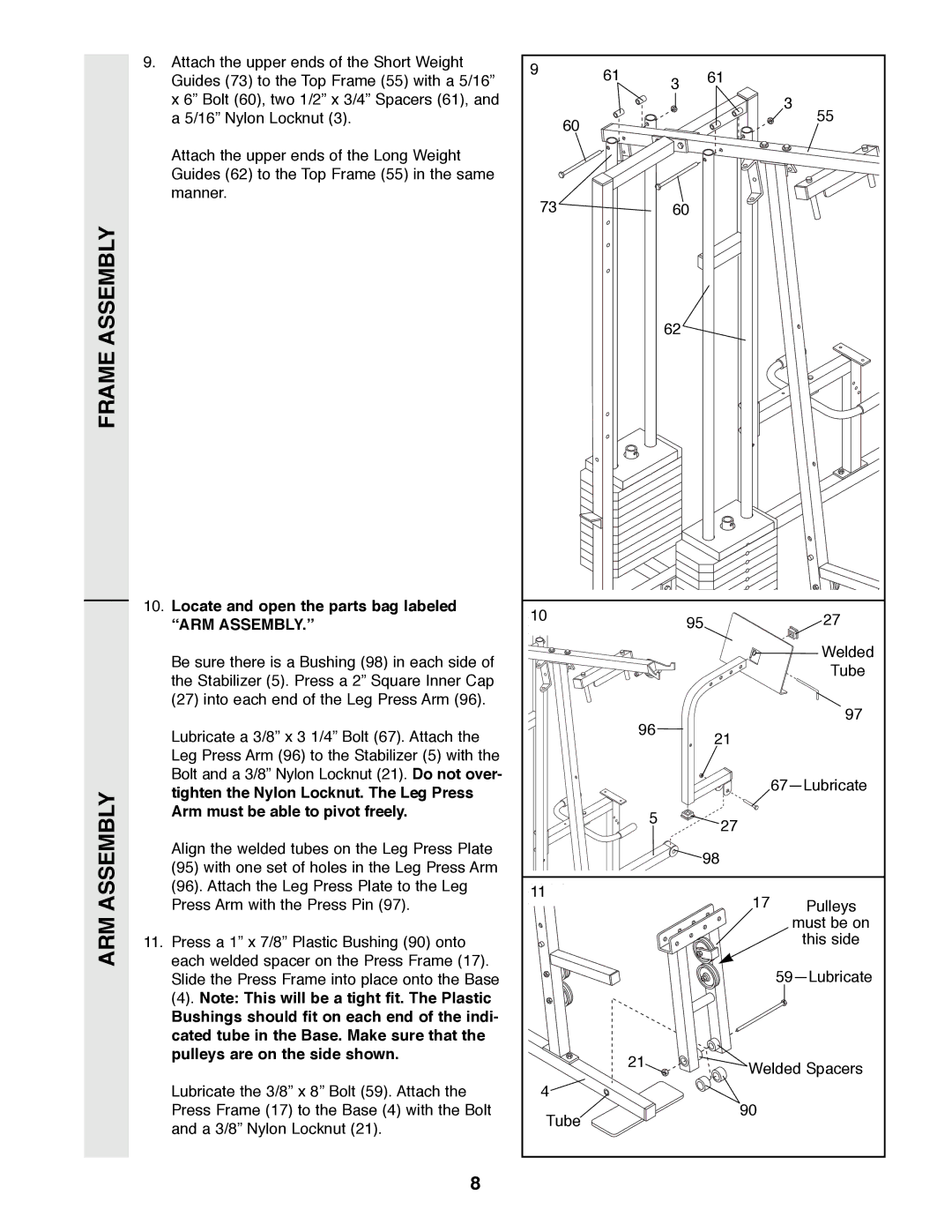 Weider WESY49200 user manual Frame Assembly ARM Assembly, Òarm ASSEMBLY.Ó 