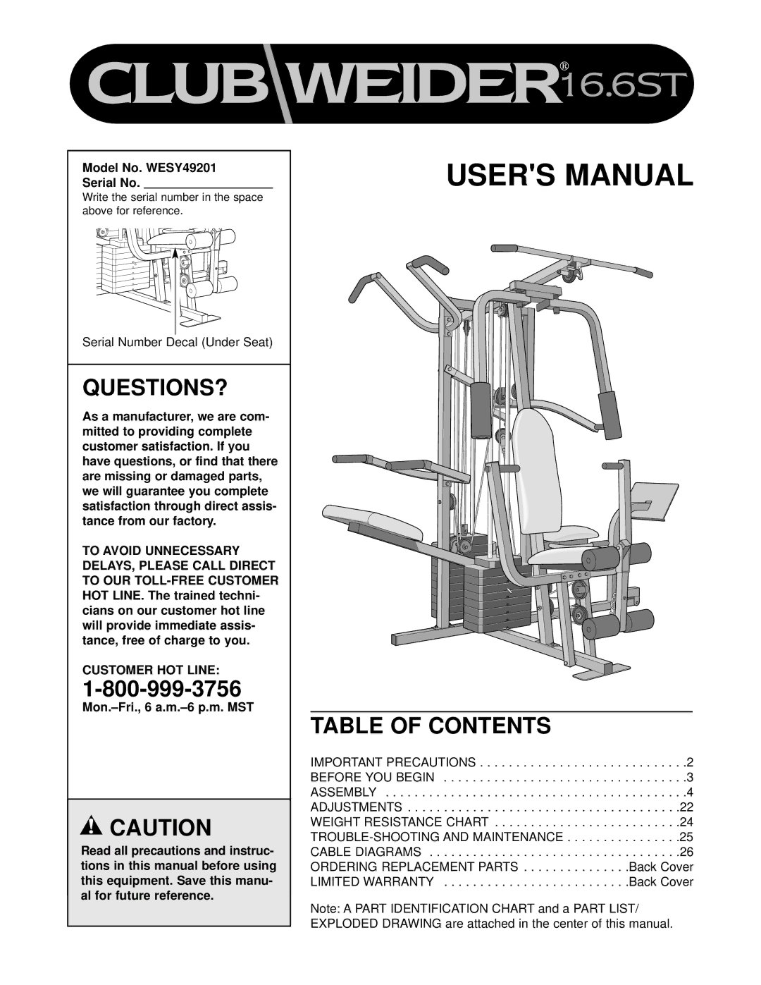 Weider WESY49201 user manual Questions?, Table of Contents 