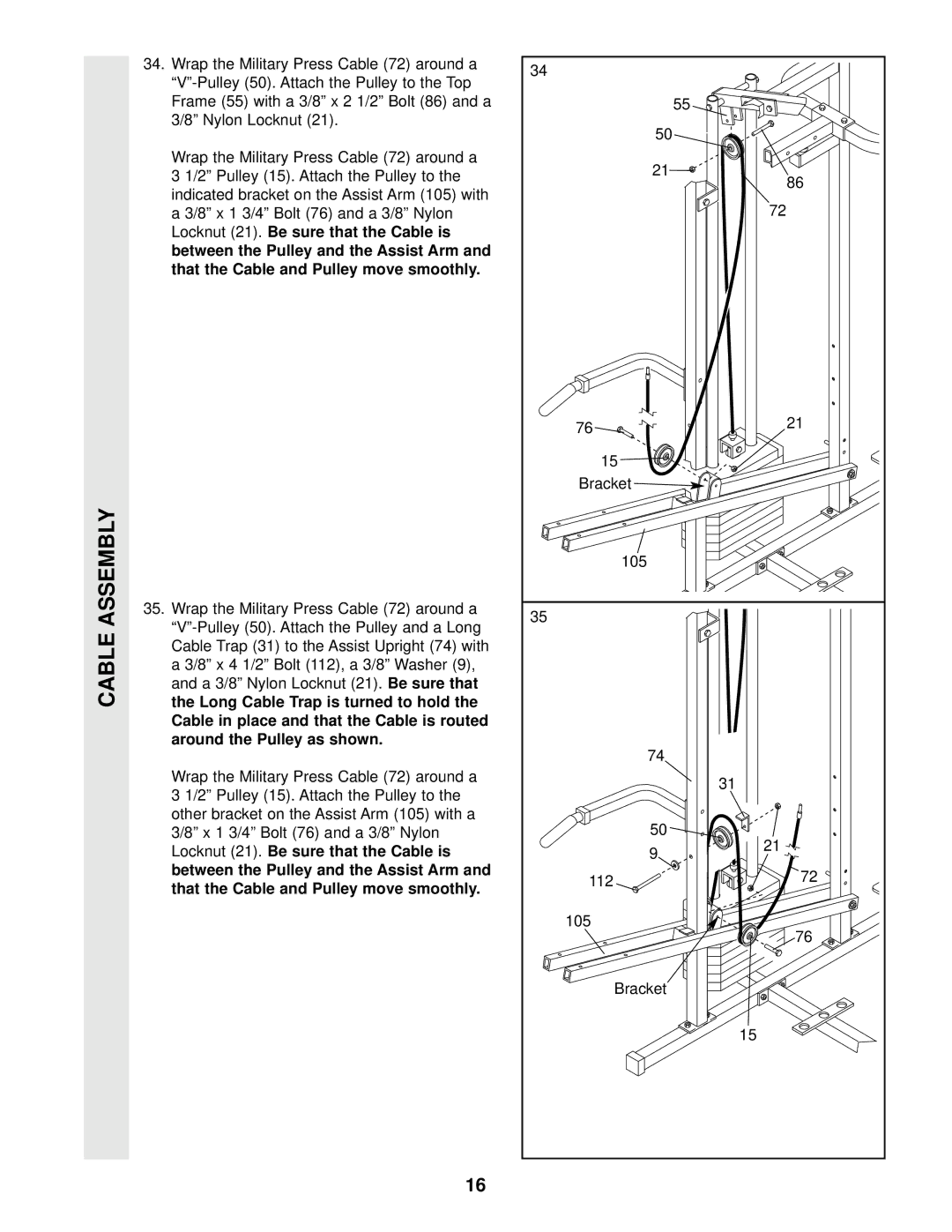 Weider WESY49201 user manual That the Cable and Pulley move smoothly, 8 x 4 1/2 Bolt 112, a 3/8 Washer, A 3/8 Nylon Locknut 