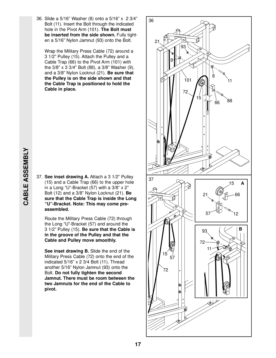 Weider WESY49201 user manual Cable in place See inset drawing a, Assembled, See inset drawing B, Pivot 