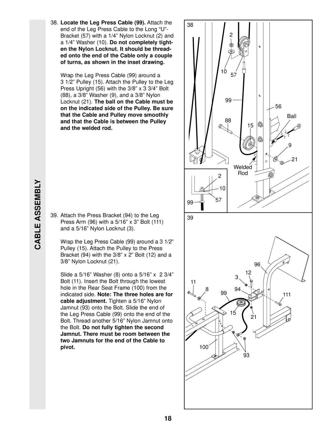 Weider WESY49201 user manual Assembly, Locate the Leg Press Cable, Washer, Indicated side. Note The three holes are for 