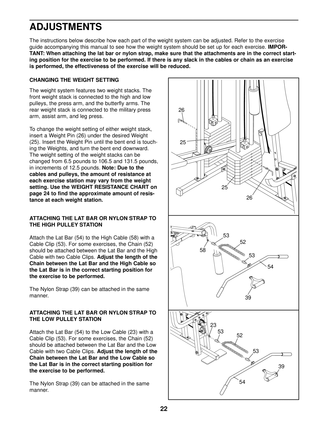 Weider WESY49201 Adjustments, Changing the Weight Setting, Attaching the LAT BAR or Nylon Strap to High Pulley Station 