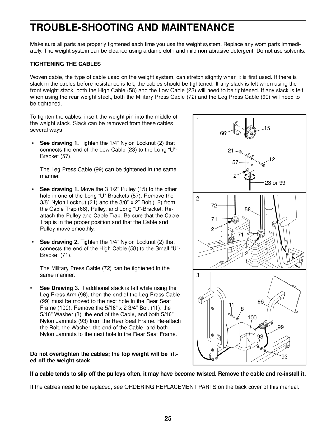 Weider WESY49201 user manual TROUBLE-SHOOTING and Maintenance, Tightening the Cables, Be tightened, 23 or 