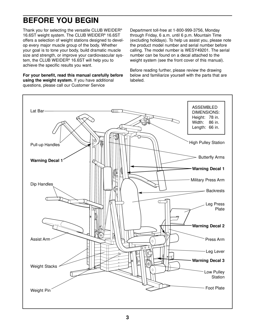 Weider WESY49201 user manual Before YOU Begin 