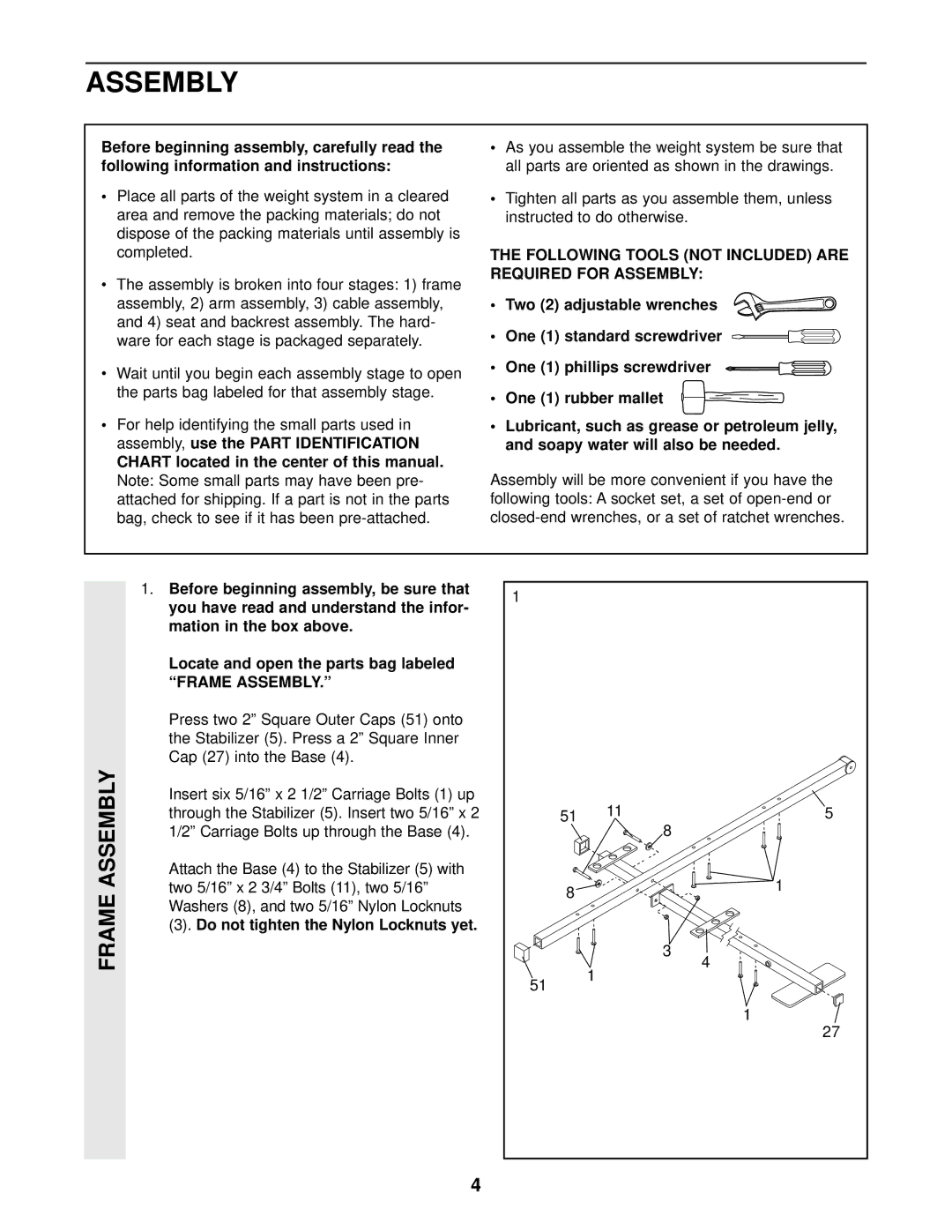 Weider WESY49201 user manual Frame Assembly, Following Tools not Included are Required for Assembly 