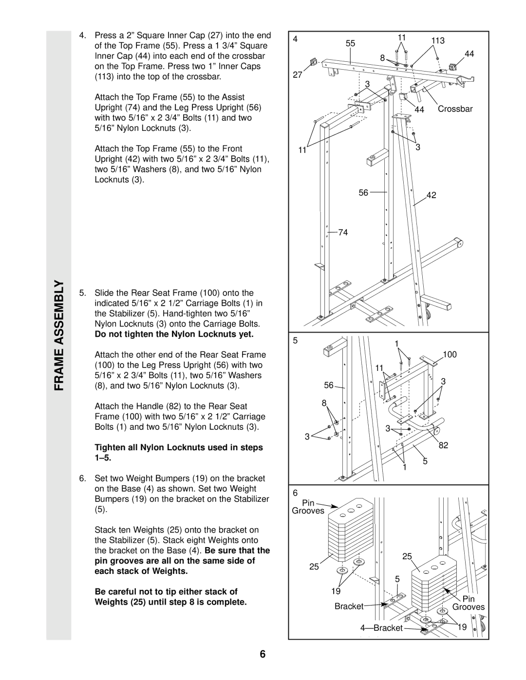 Weider WESY49201 user manual On the Top Frame. Press two 1 Inner Caps, 100, Each stack of Weights, Bracket Grooves 