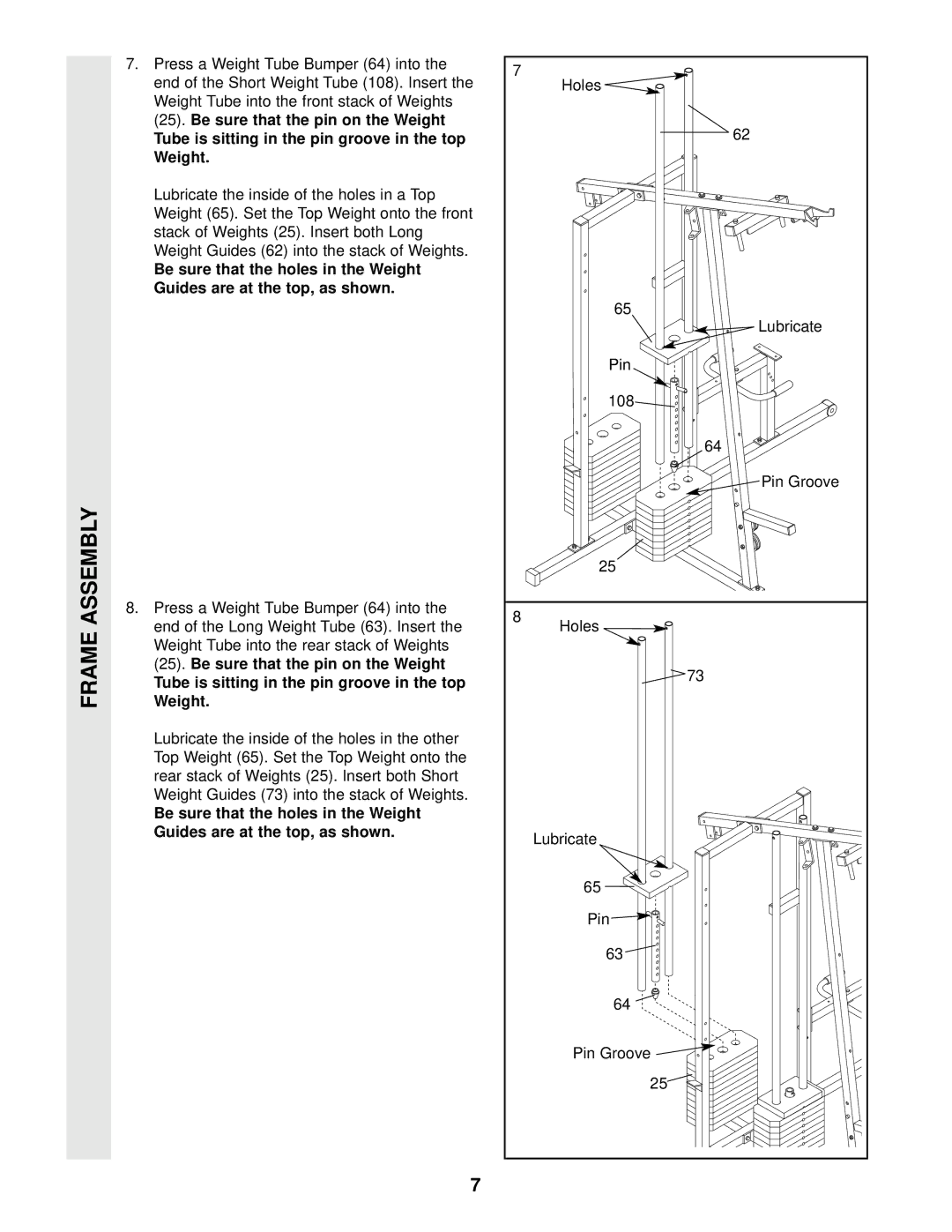 Weider WESY49201 user manual Holes, Stack of Weights 25. Insert both Long, 108, Lubricate 