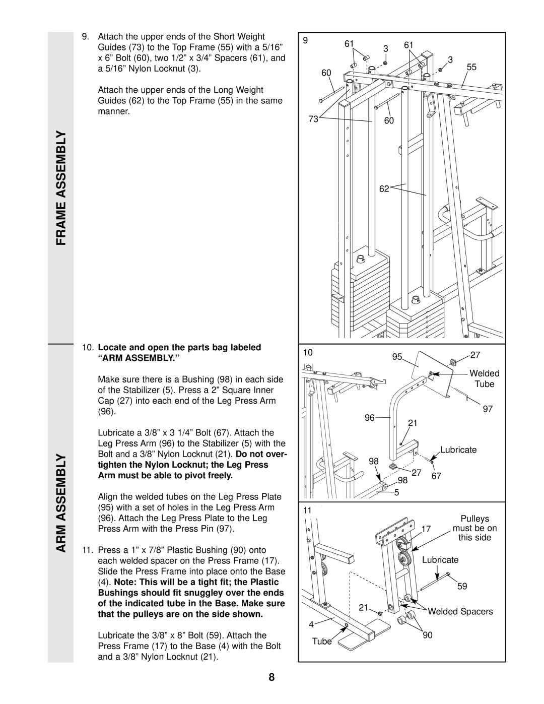 Weider WESY49201 user manual Frame Assembly ARM Assembly, Do not over 