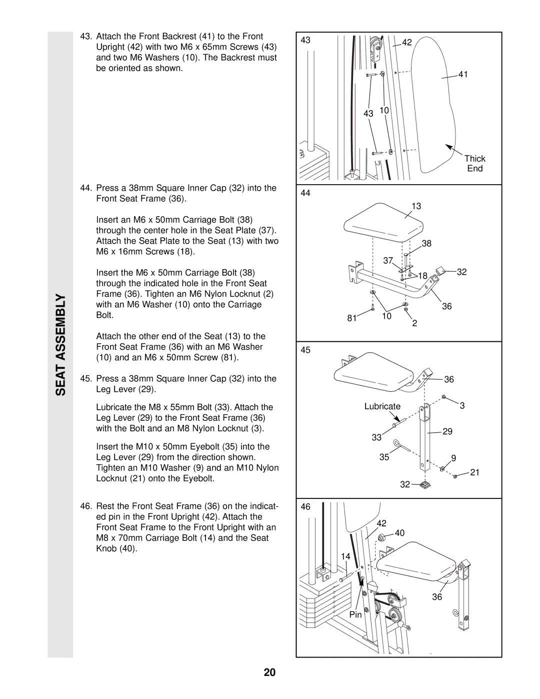 Weider WESY49202 user manual Seat Assembly 