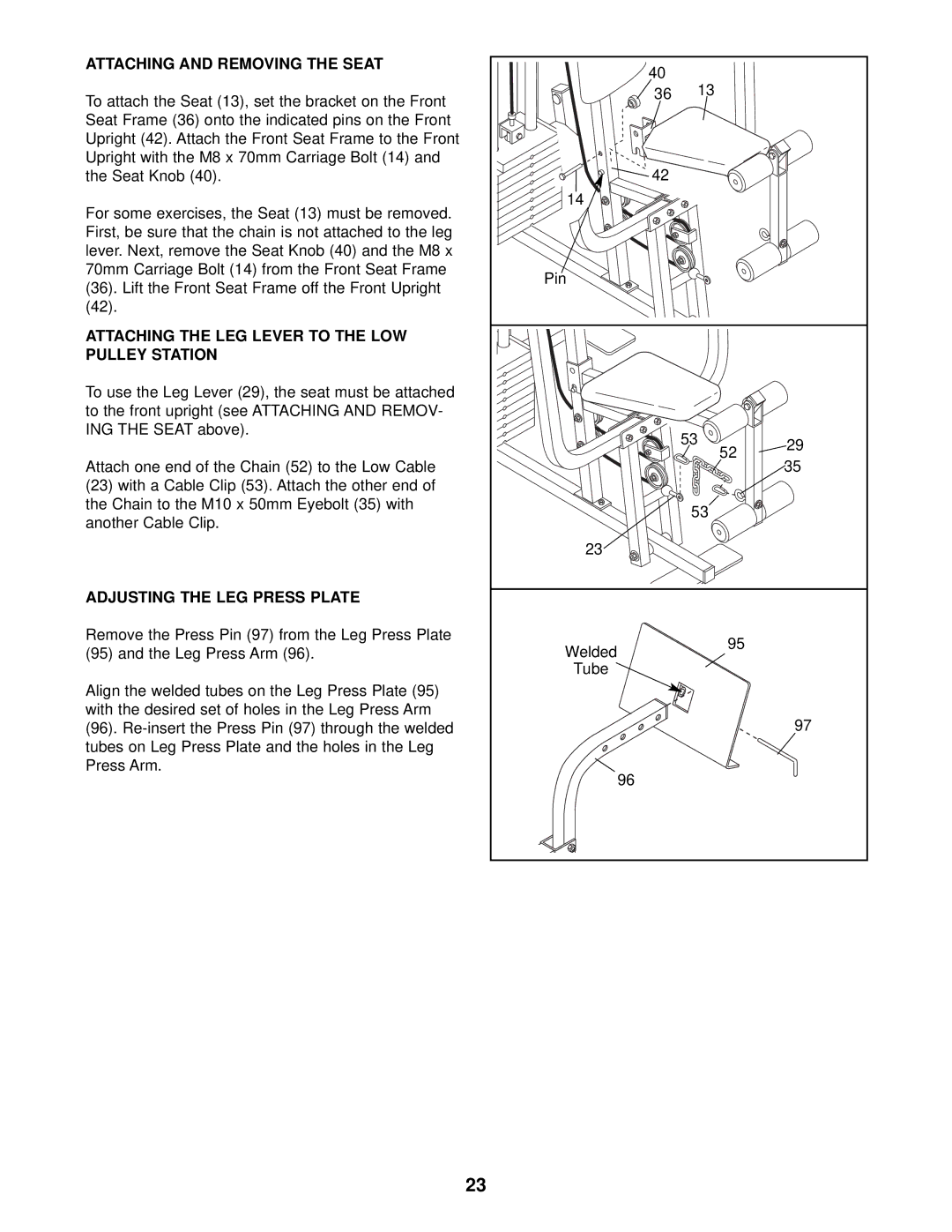 Weider WESY49202 user manual Attaching and Removing the Seat, Attaching the LEG Lever to the LOW Pulley Station 