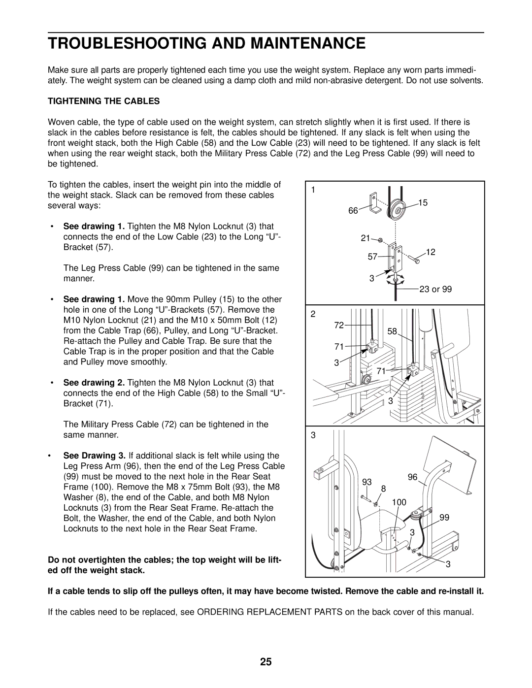 Weider WESY49202 user manual Troubleshooting and Maintenance, Tightening the Cables 