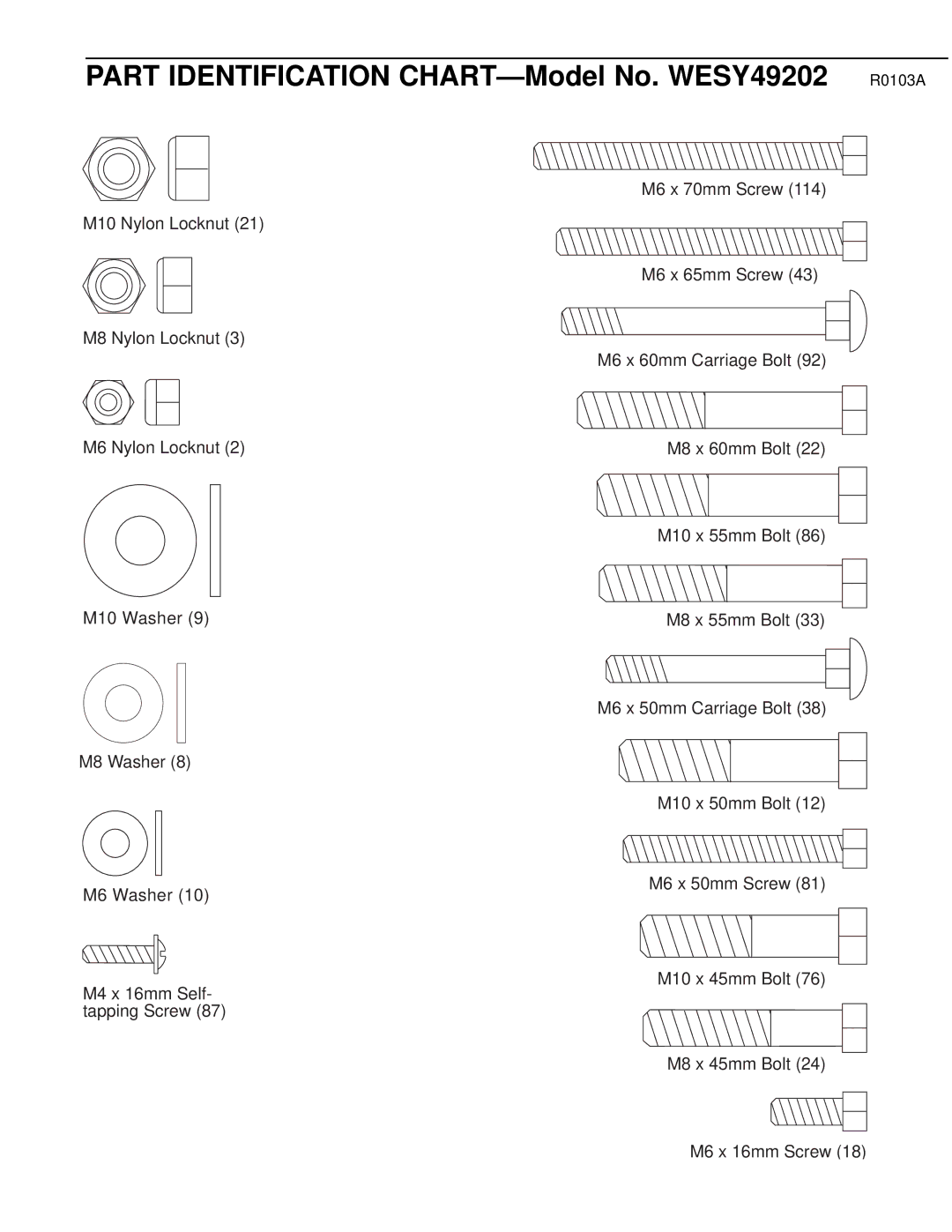 Weider user manual Part Identification CHART-Model No. WESY49202, R0103A 