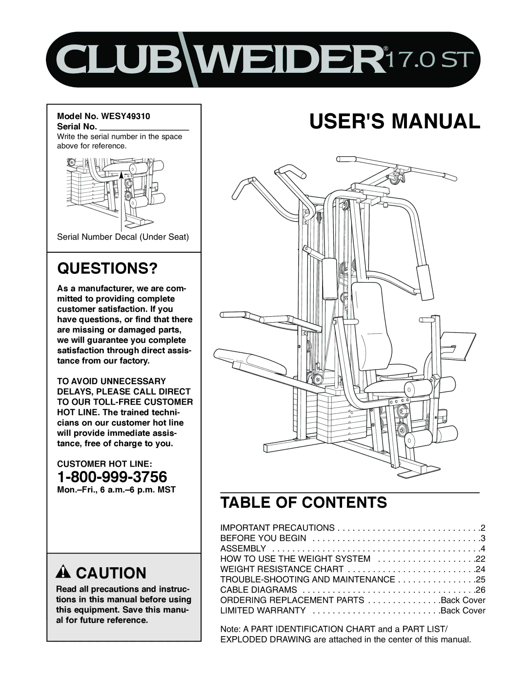 Weider WESY49310 user manual Questions?, Table of Contents 