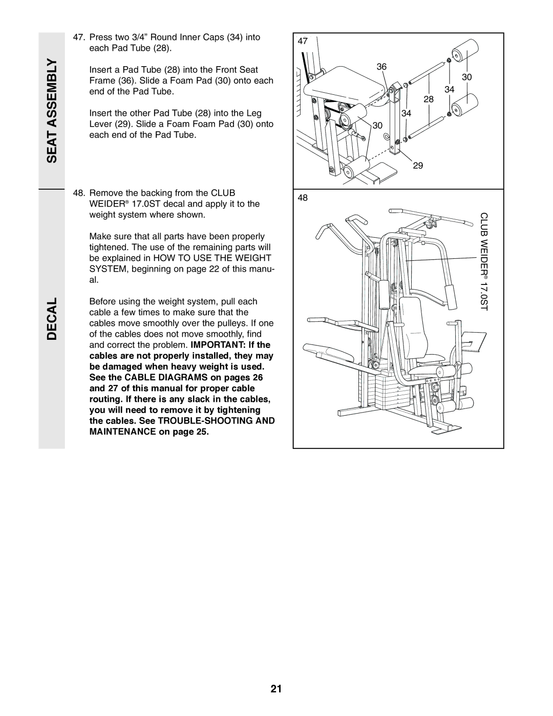 Weider WESY49310 user manual Seat Assembly Decal 