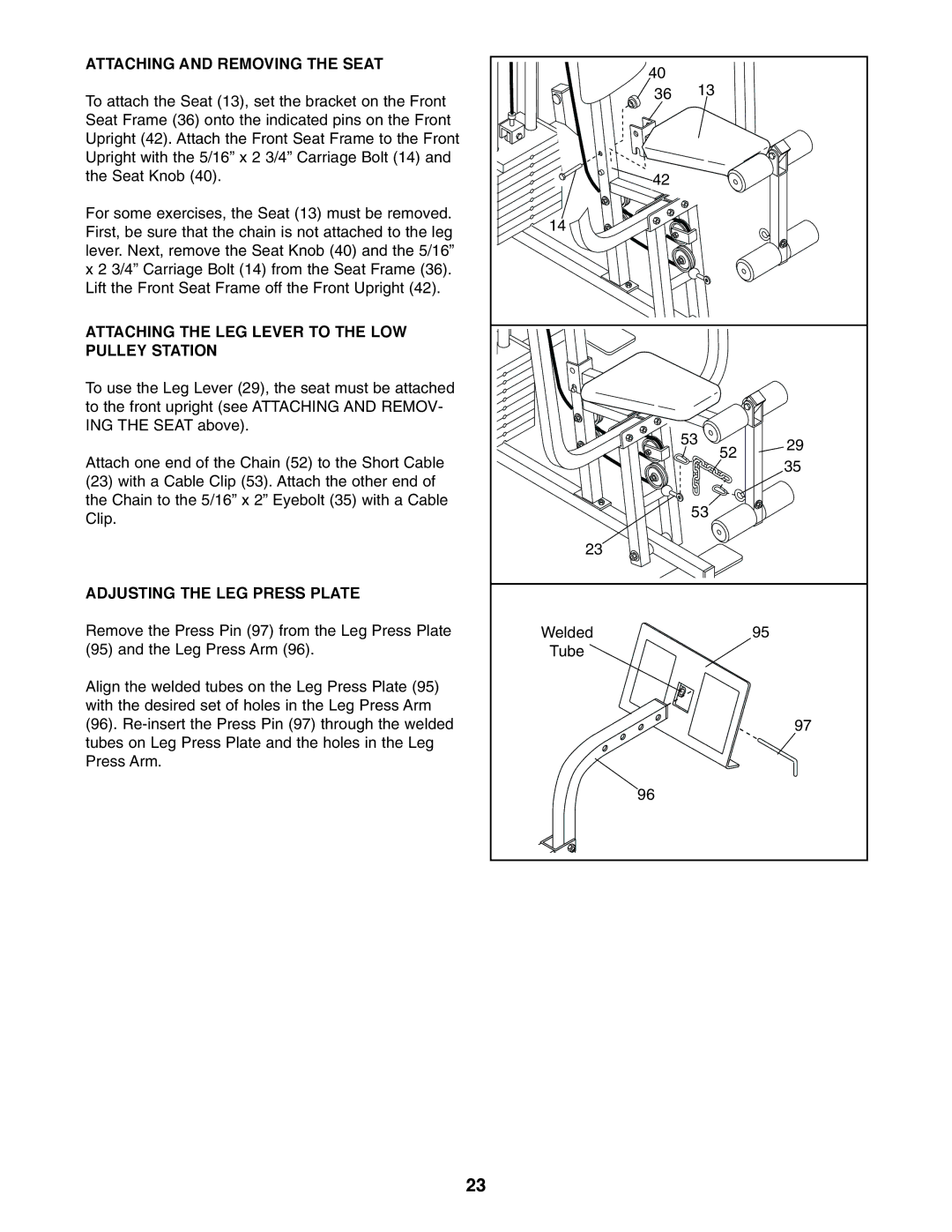 Weider WESY49310 user manual Attaching and Removing the Seat, Attaching the LEG Lever to the LOW Pulley Station 