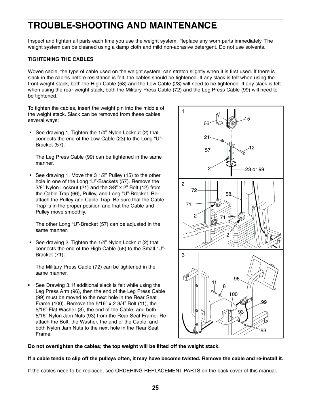 Weider WESY49310 user manual TROUBLE-SHOOTING and Maintenance, Tightening the Cables 