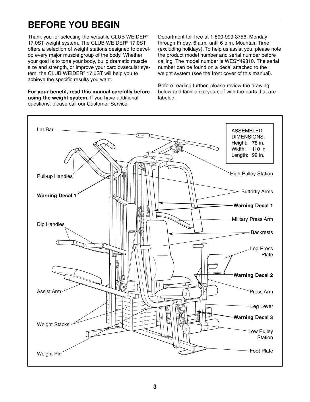 Weider WESY49310 user manual Before YOU Begin, Dimensions 