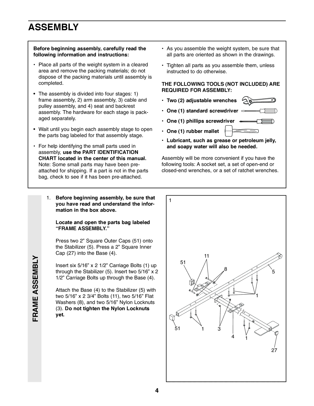 Weider WESY49310 user manual Frame Assembly, Following Tools not Included are Required for Assembly 