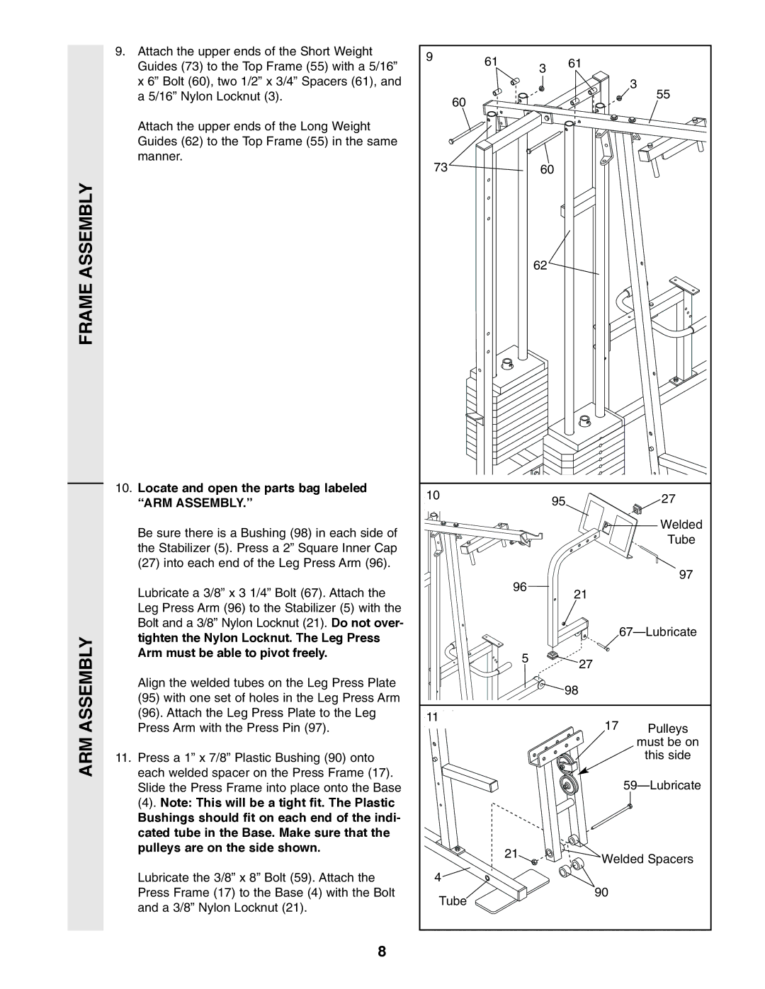 Weider WESY49310 user manual Frame Assembly ARM Assembly 