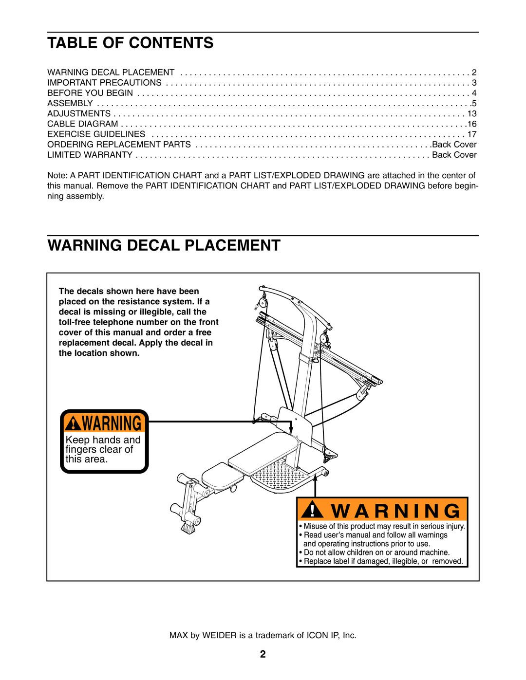 Weider WESY5773.0 user manual Table of Contents 