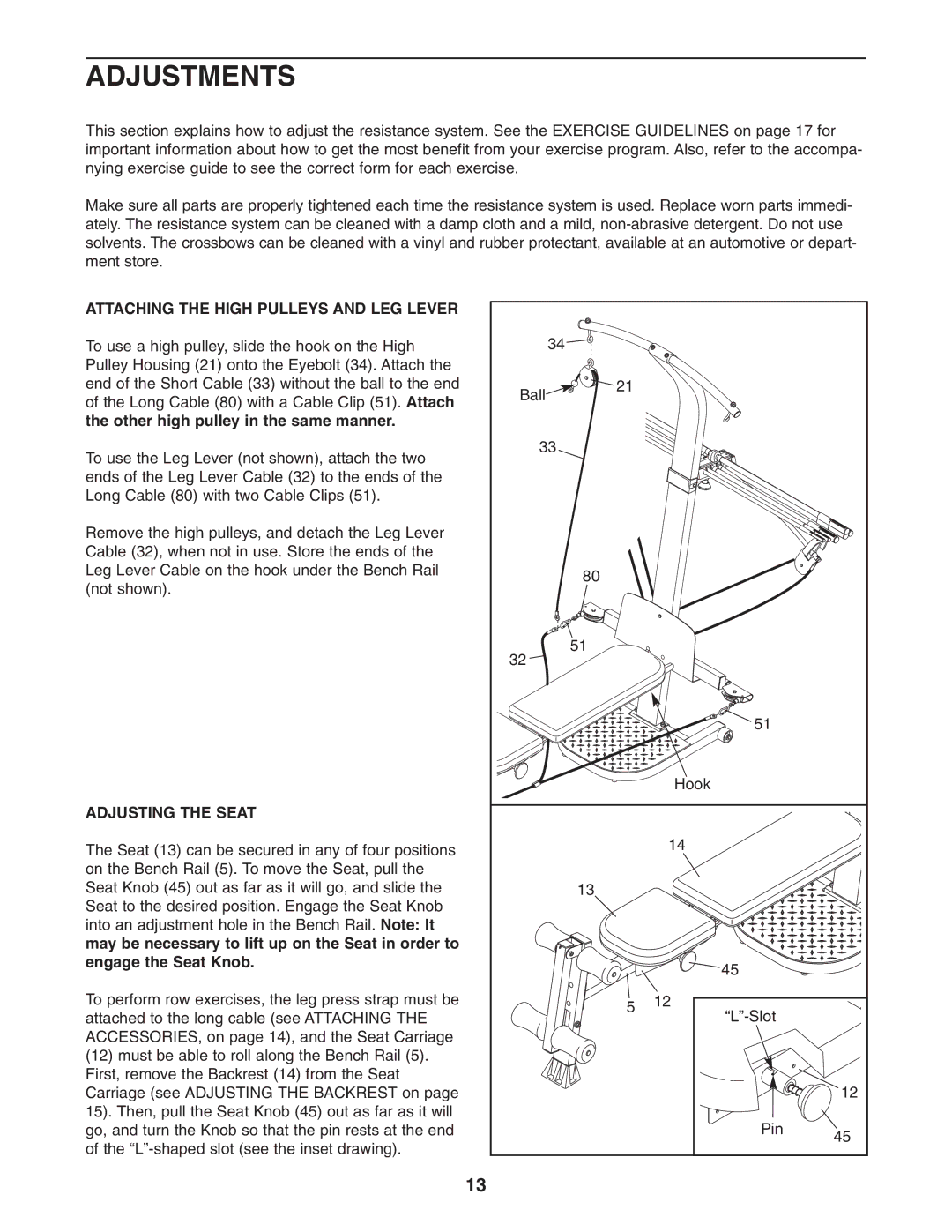 Weider WESY5863.0 user manual Adjustments, Attaching the High Pulleys and LEG Lever, Adjusting the Seat 