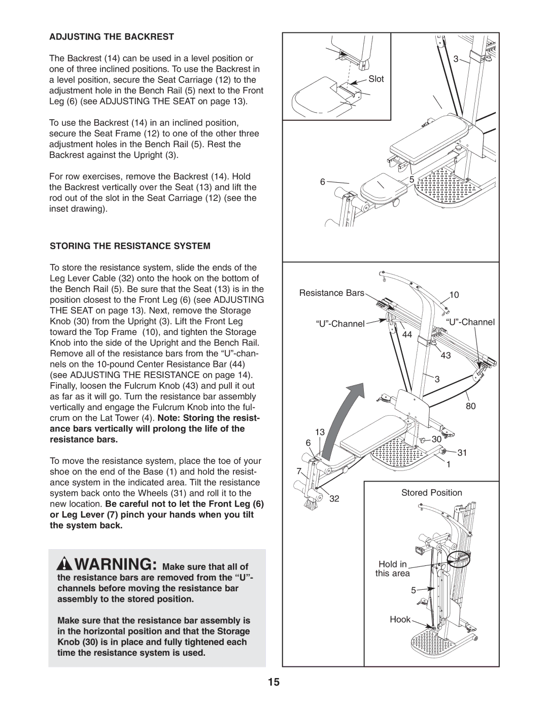 Weider WESY5863.0 user manual Adjusting the Backrest, Storing the Resistance System 