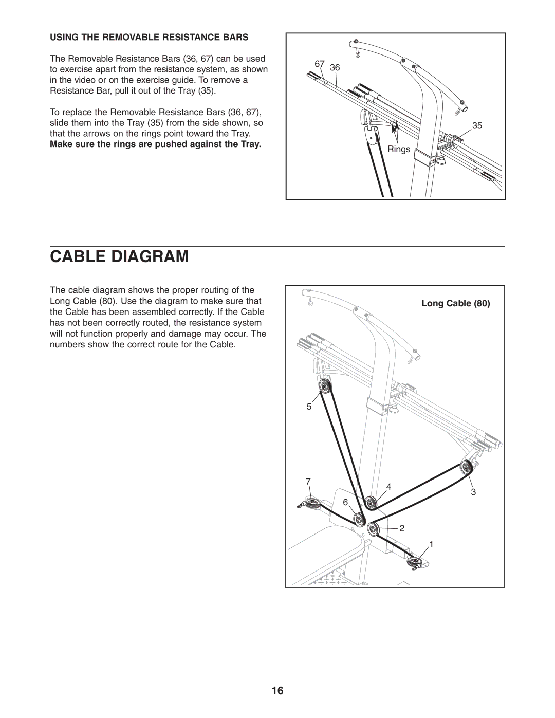 Weider WESY5863.0 Cable Diagram, Using the Removable Resistance Bars, Make sure the rings are pushed against the Tray 