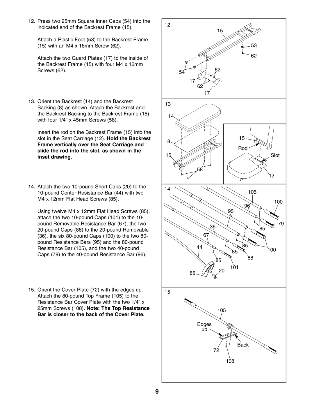 Weider WESY5863.0 user manual Bar is closer to the back of the Cover Plate 