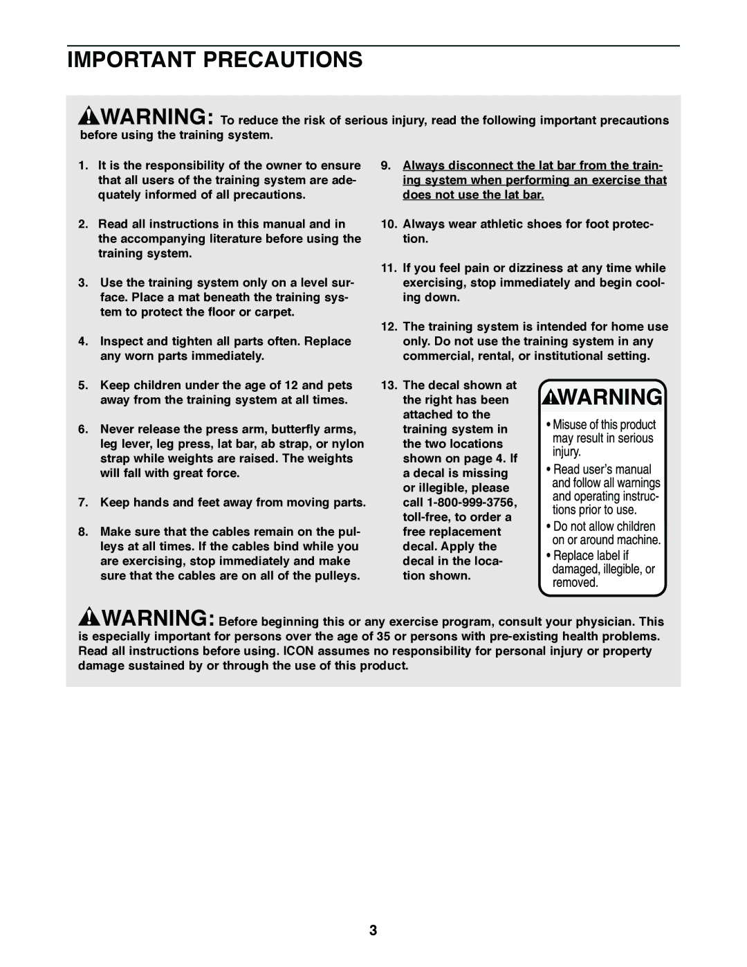 Weider WESY59100 user manual Important Precautions 