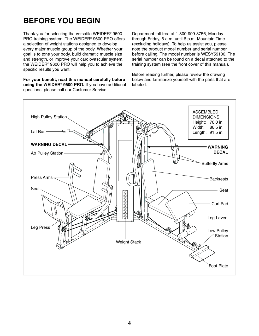 Weider WESY59100 user manual Before YOU Begin, Decal 