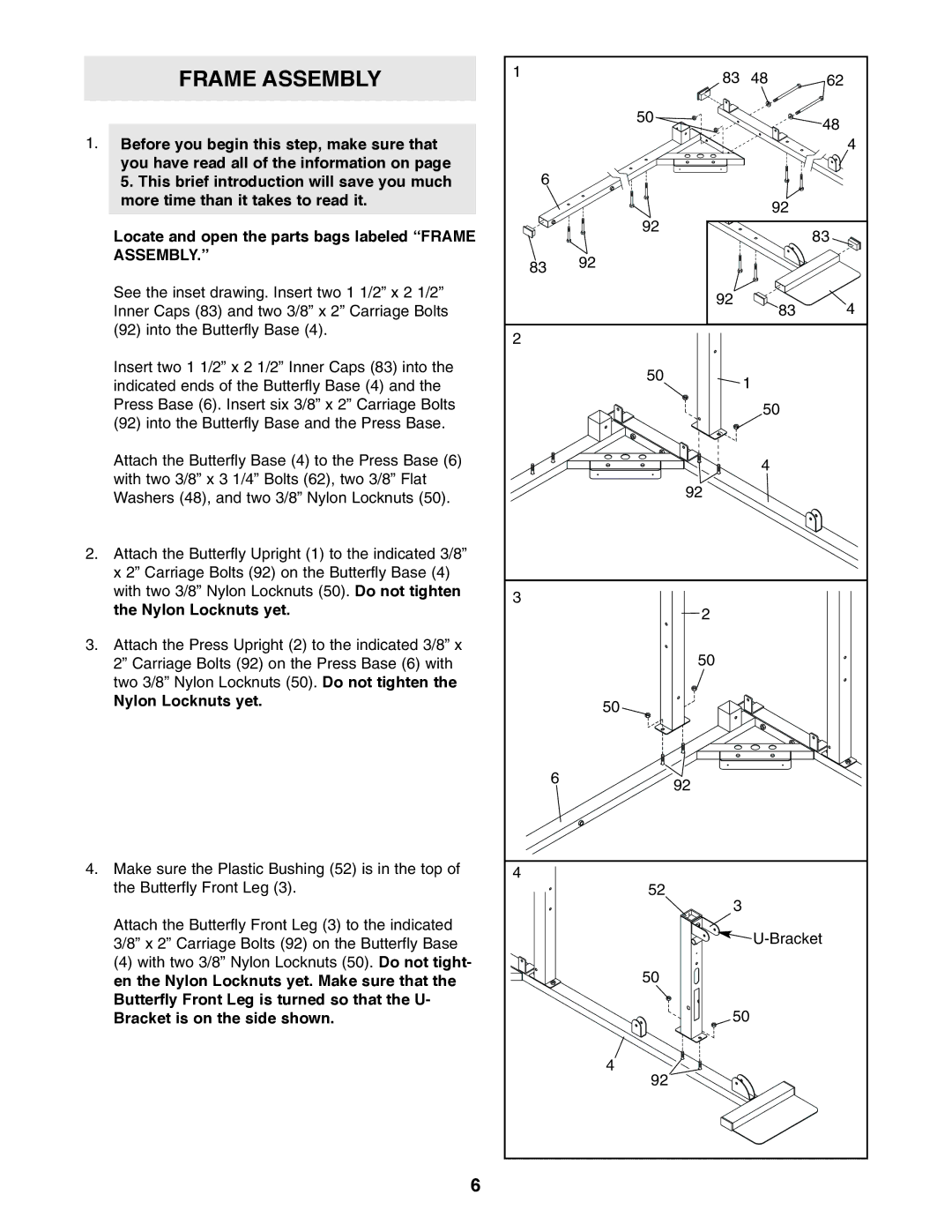 Weider WESY59100 user manual Frame Assembly, Nylon Locknuts yet 