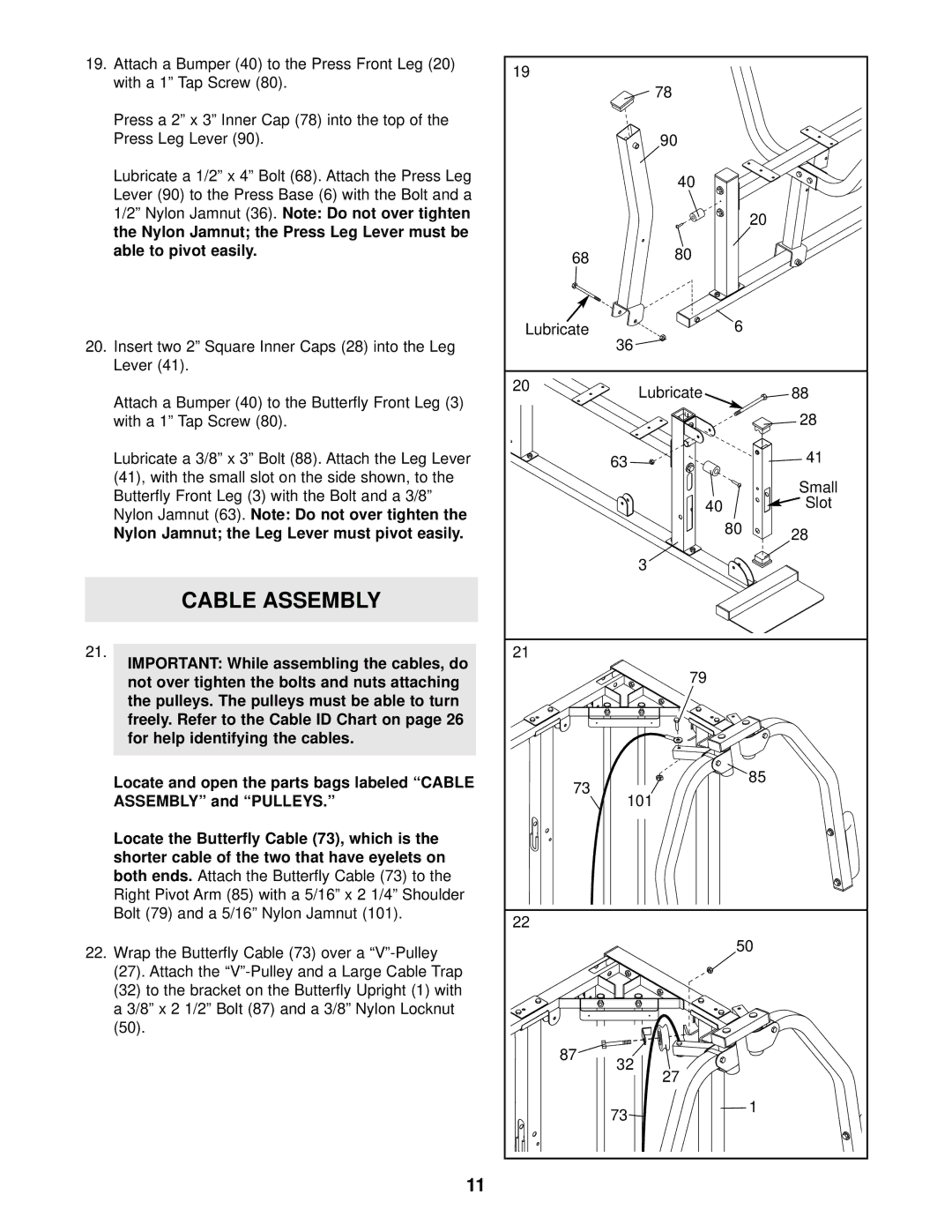 Weider WESY59101 user manual Cable Assembly, Able to pivot easily, Insert two 2 Square Inner Caps 28 into the Leg Lever 