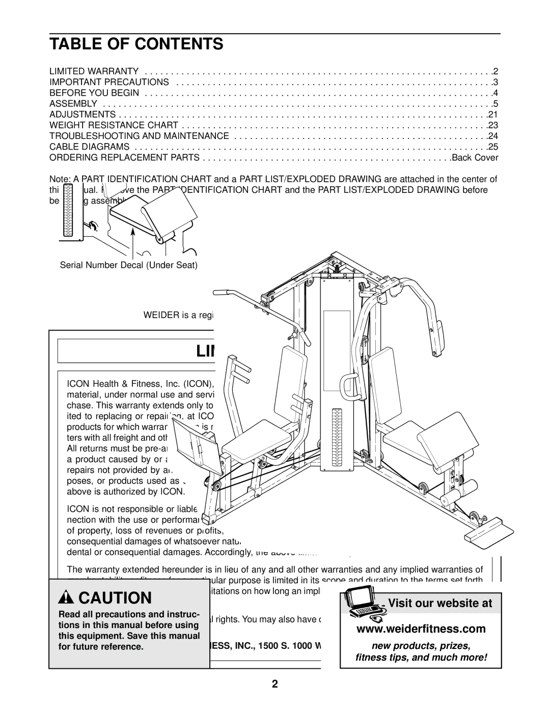 Weider WESY59101 user manual Table of Contents, Limited Warranty 