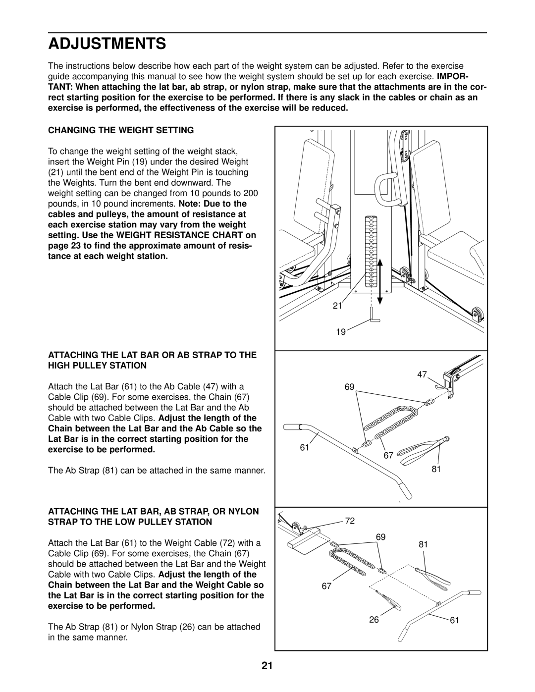 Weider WESY59101 user manual Adjustments, Attaching the LAT BAR or AB Strap to High Pulley Station 