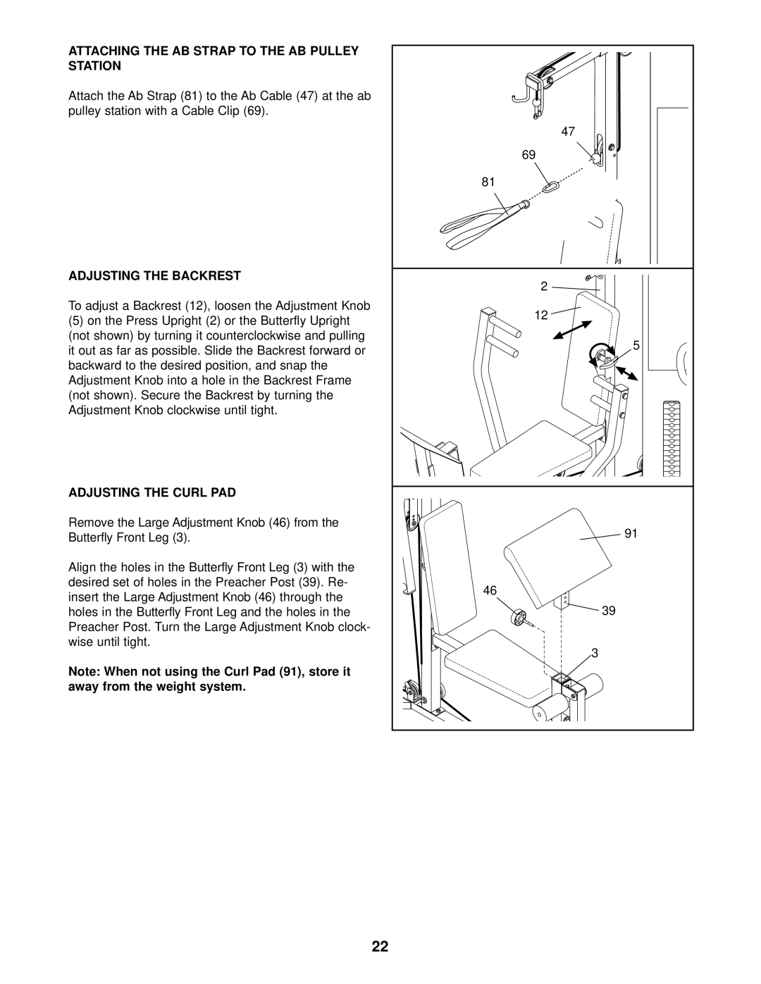 Weider WESY59101 Attaching the AB Strap to the AB Pulley Station, Adjusting the Backrest, Adjusting the Curl PAD 