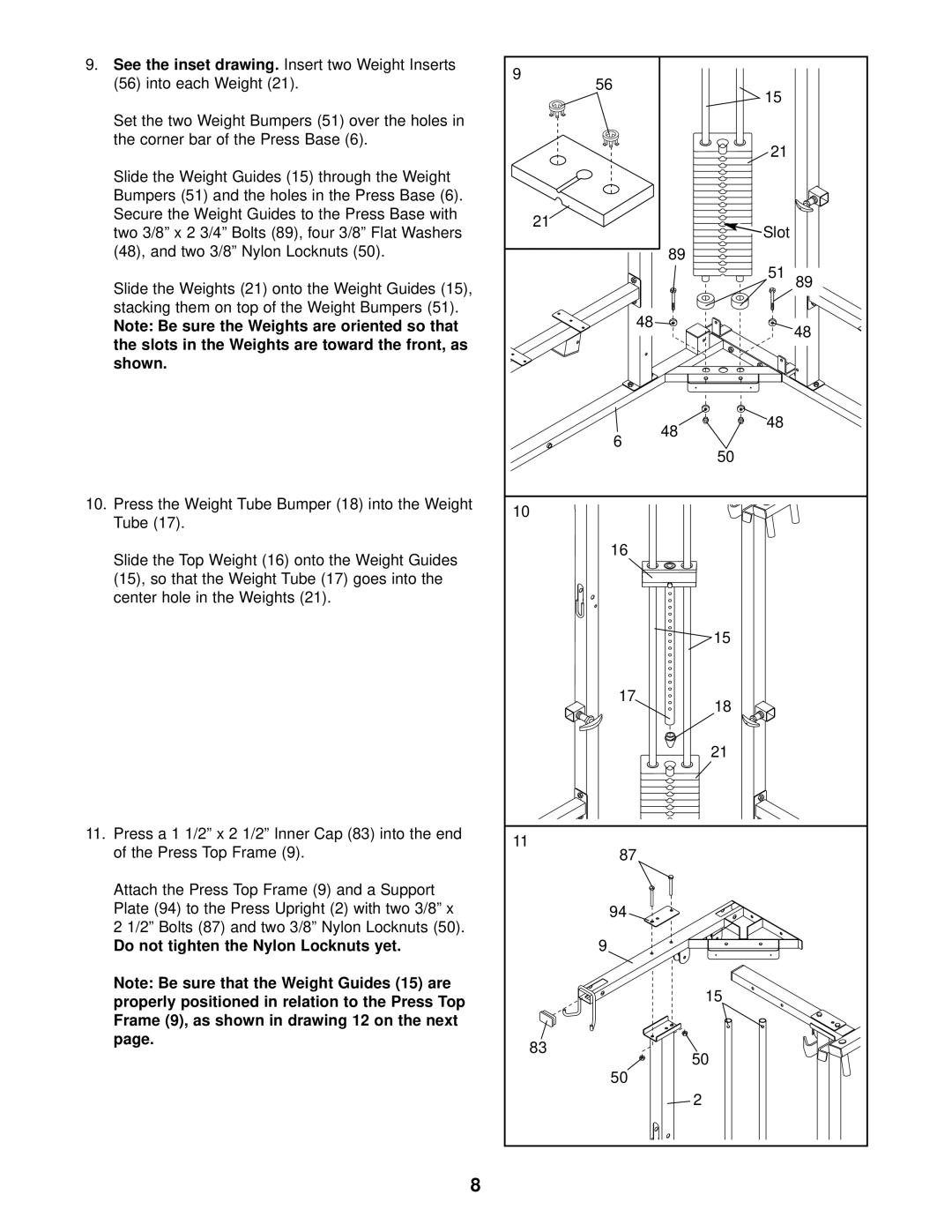 Weider WESY59101 See the inset drawing, Corner bar of the Press Base, Press the Weight Tube Bumper 18 into the Weight Tube 