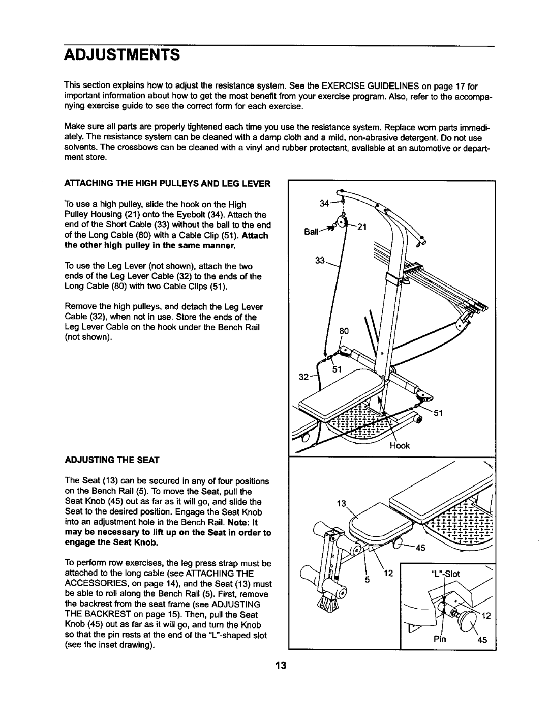 Weider WESY59421 user manual Adjustments, Attaching the High Pulleys and LEG Lever, Adjusting the Seat 