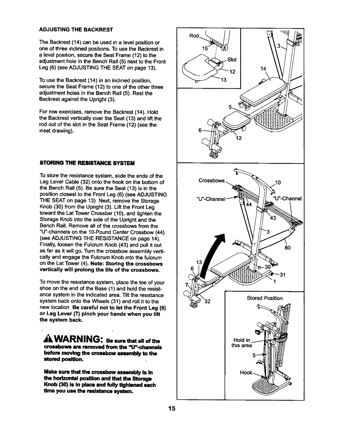 Weider WESY59421 user manual Adjusting the Backrest, Storing the Resistance System 