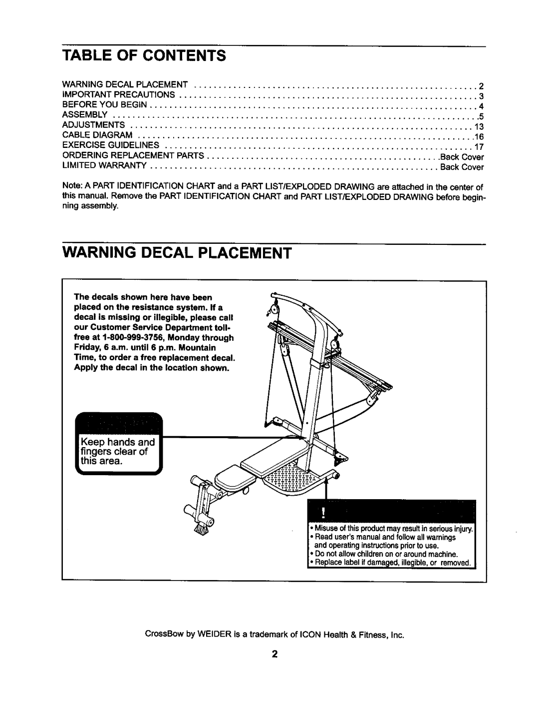 Weider WESY59421 user manual Table of Contents 