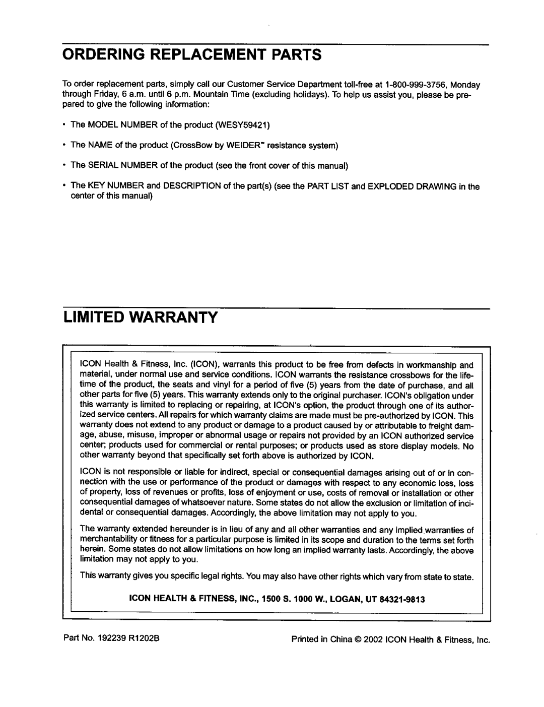 Weider WESY59421 user manual Ordering Replacement Parts, Limited Warranty 