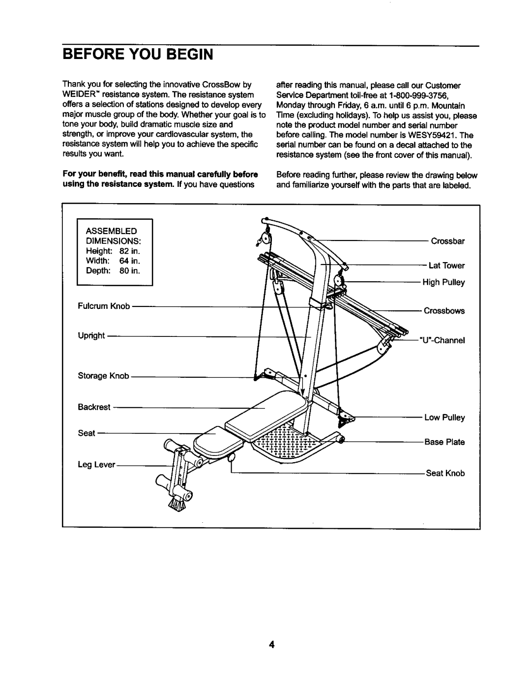 Weider WESY59421 user manual Before YOU Begin, Assembled Dimensions 