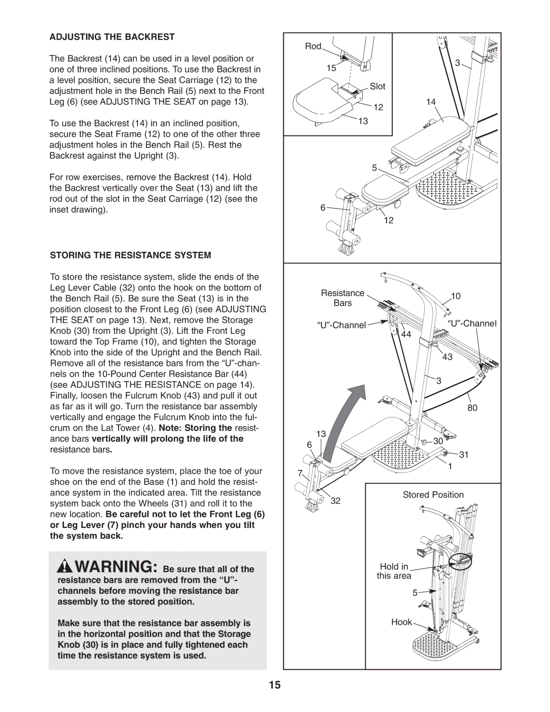 Weider WESY59531 user manual Adjusting the Backrest, Storing the Resistance System 