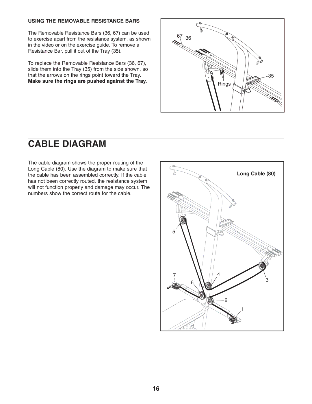 Weider WESY59531 Cable Diagram, Using the Removable Resistance Bars, Make sure the rings are pushed against the Tray 