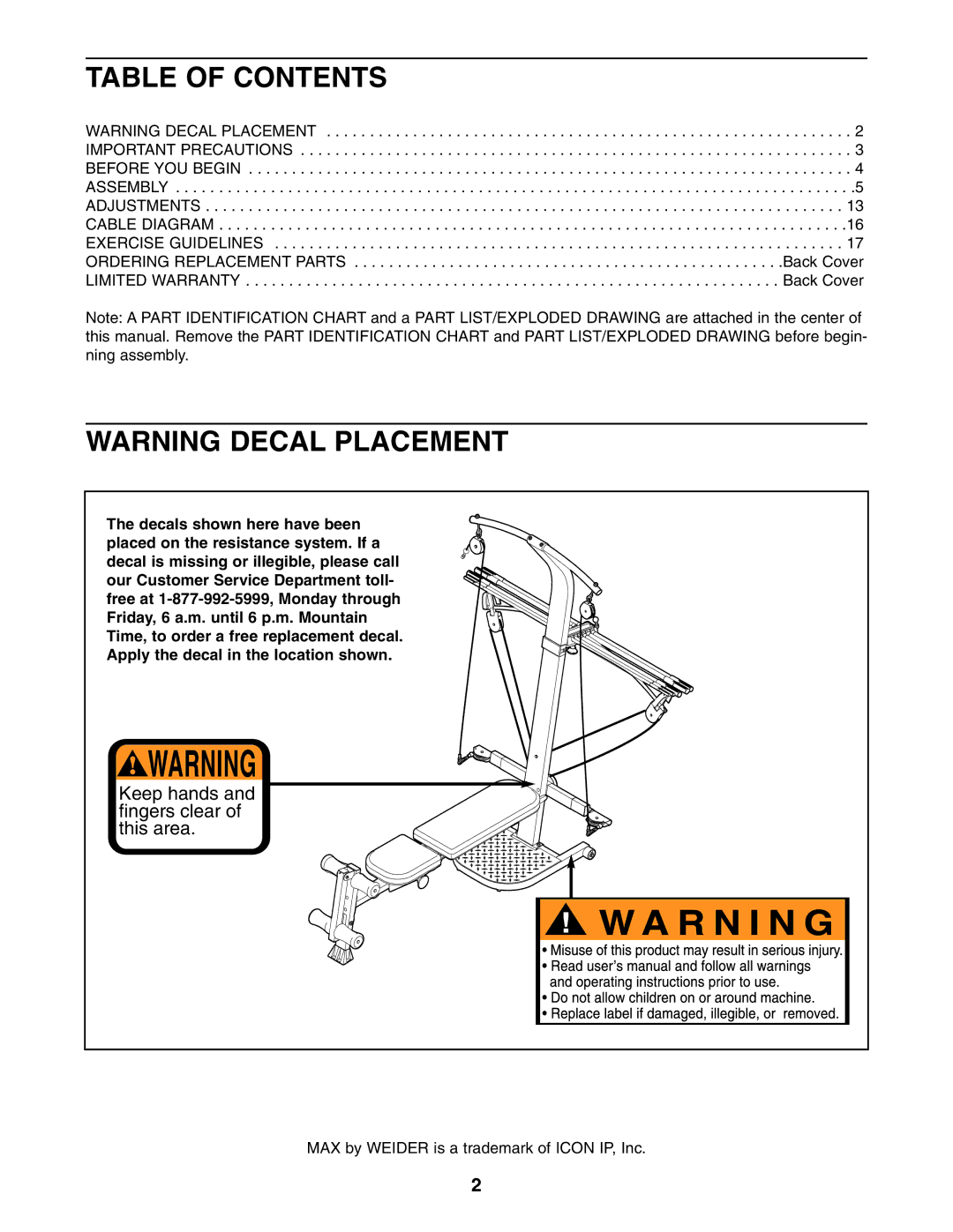 Weider WESY59531 user manual Table of Contents 