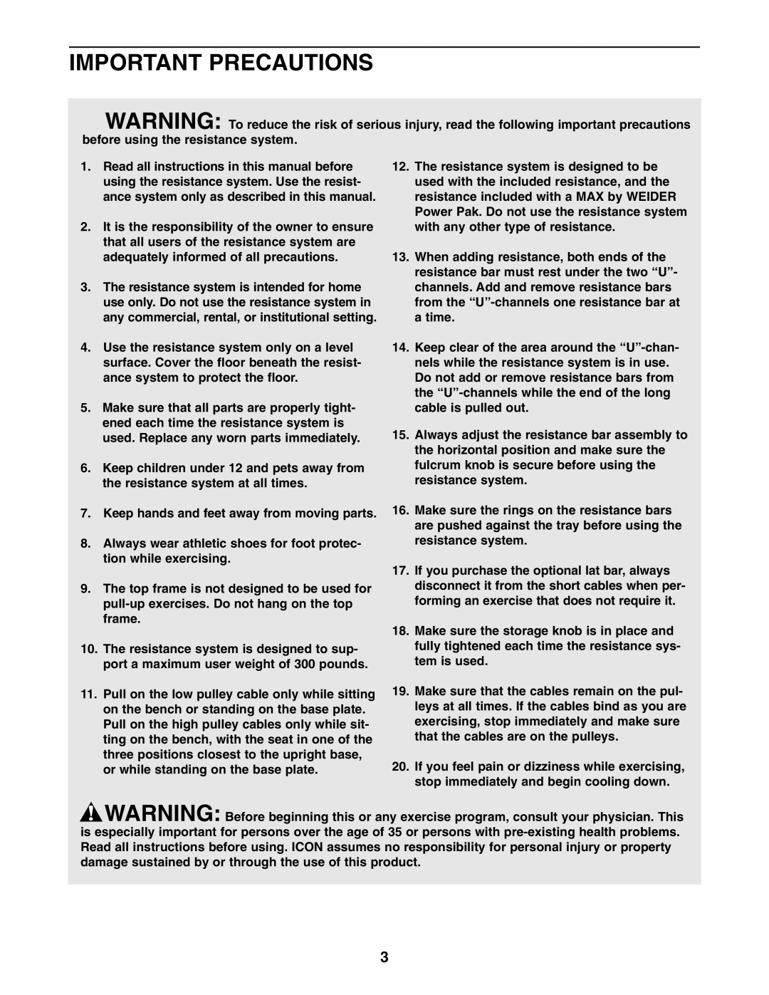 Weider WESY59531 user manual Important Precautions 